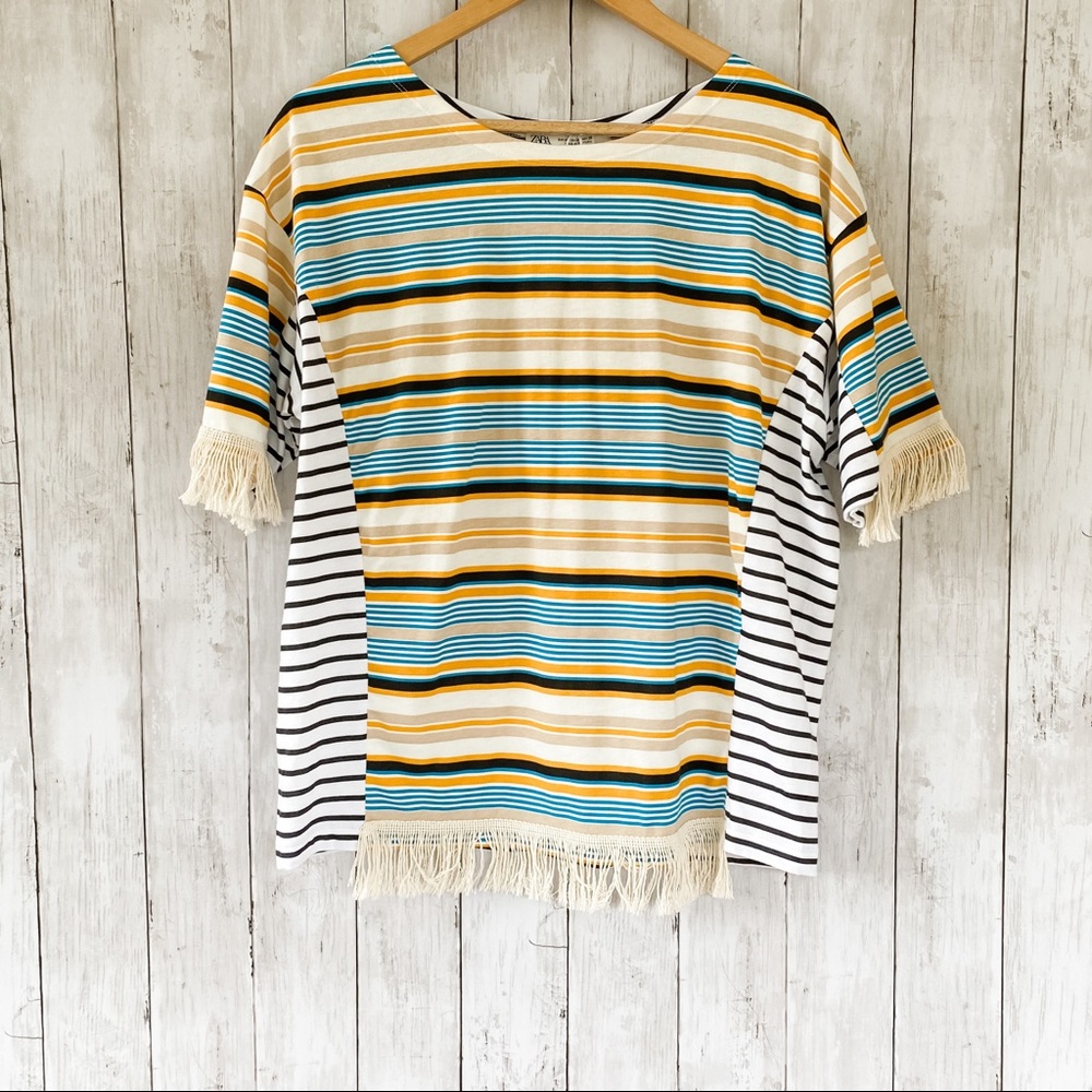 Zara Striped Boho Fringe Shirt Size Medium NWT NEW